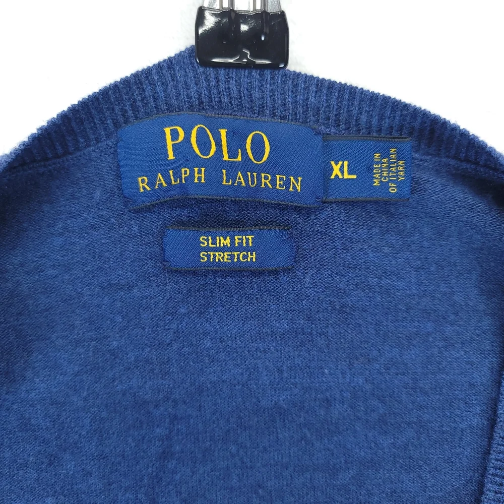 Ralph Lauren POLO Sweater Italian Yarn Men's MEDIUM M Blue Knit V-NECK